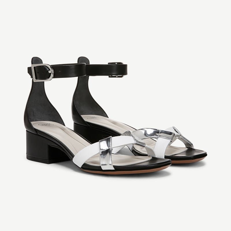 Sarto By Franco Sarto Shoes Sarto Nerissa Dress Sandal Blackwhitesilver Leather . M Square Toe, Ankle Strap, Buckle Closure