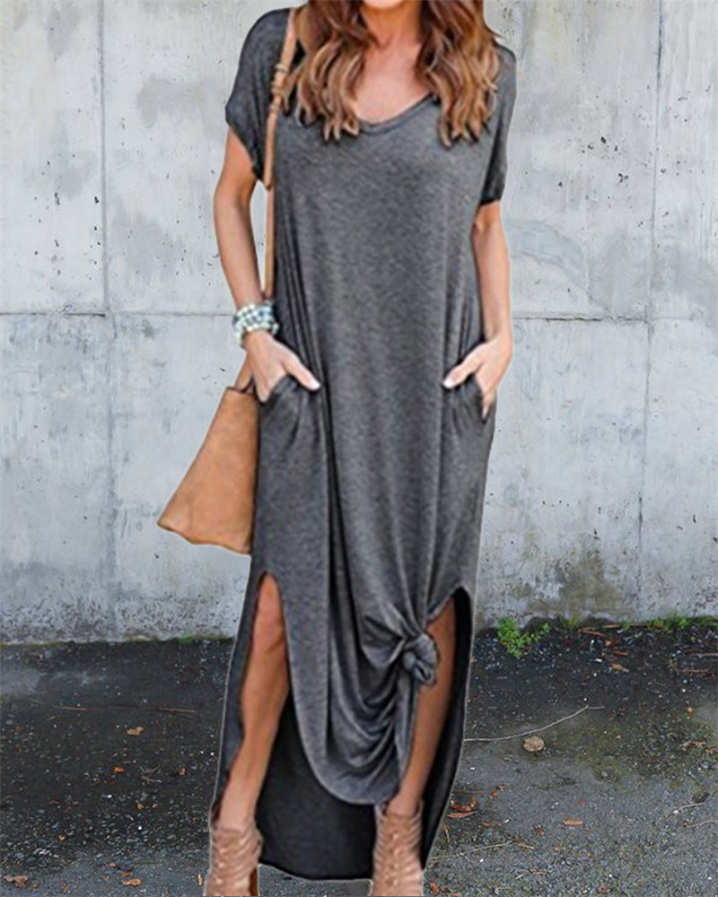 Floral Puff Sleeve Dress Elastic Waist Open Back Casual Dresses Side Split Midi Flowy Dresses - Dark Grey