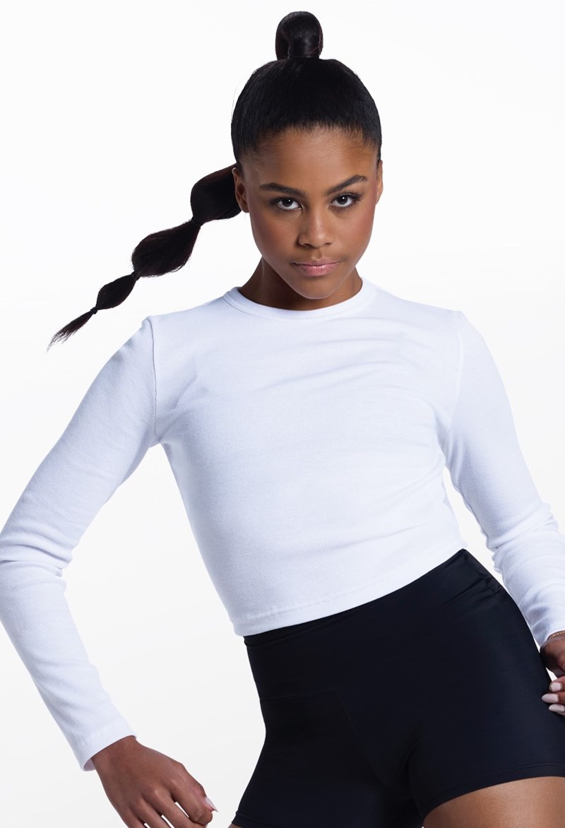Fine Rib Long-Sleeve Crop Tee - White - Small Child - Dance Top
