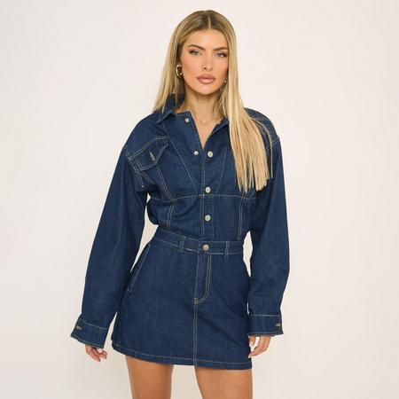 Long Sleeve Button Front Mini Dress In Indigo Blue Denim, Women's Size