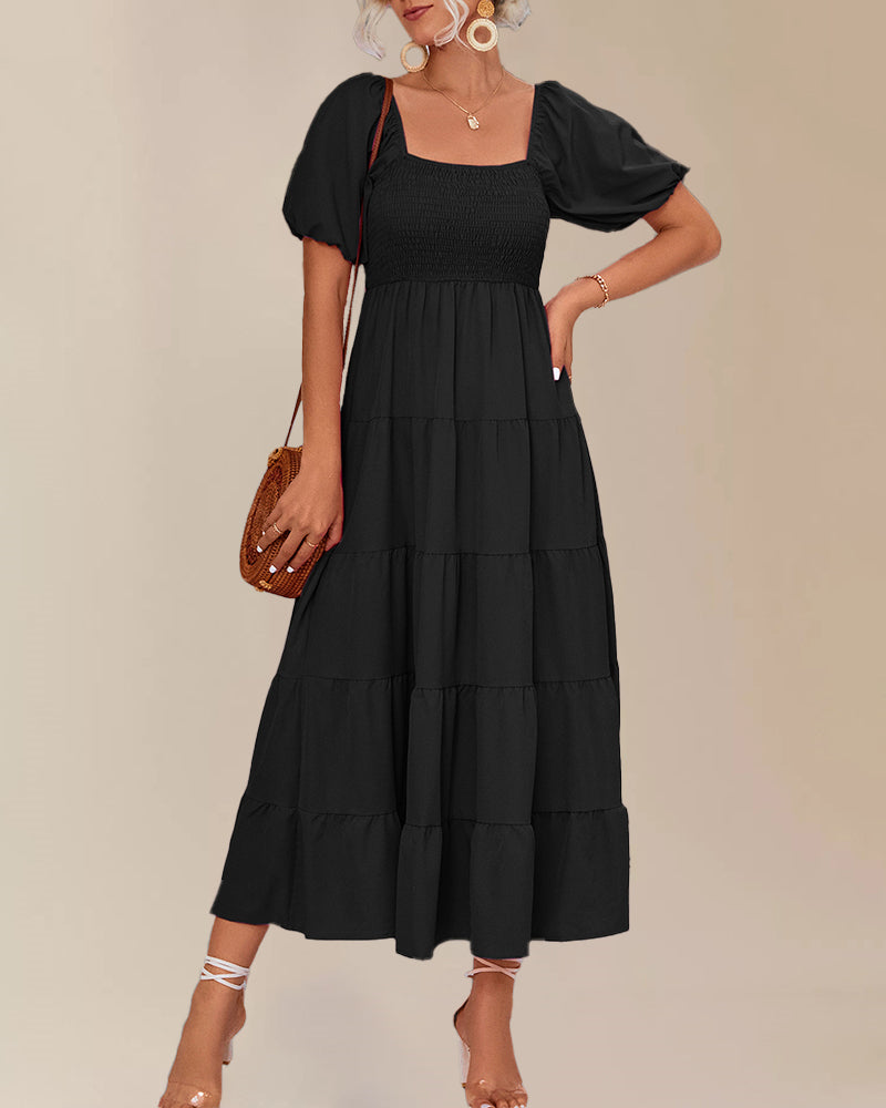 Square Neck Puff Short Sleeve Smocked Boho Maxi Dress Casual Flowy A Line Vacation Long Dress - Black S