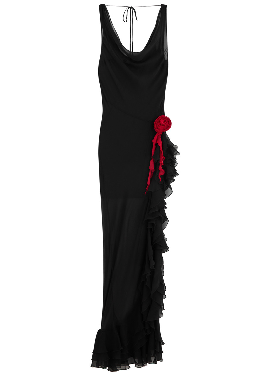 DE LA Vali Azura Ruffled Sheer Silk-chiffon Maxi Dress - Black - S
