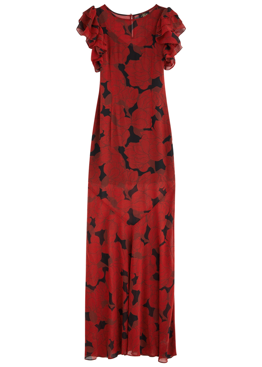 DE LA Vali Bougainvillea Printed Chiffon Maxi Dress - Red - M