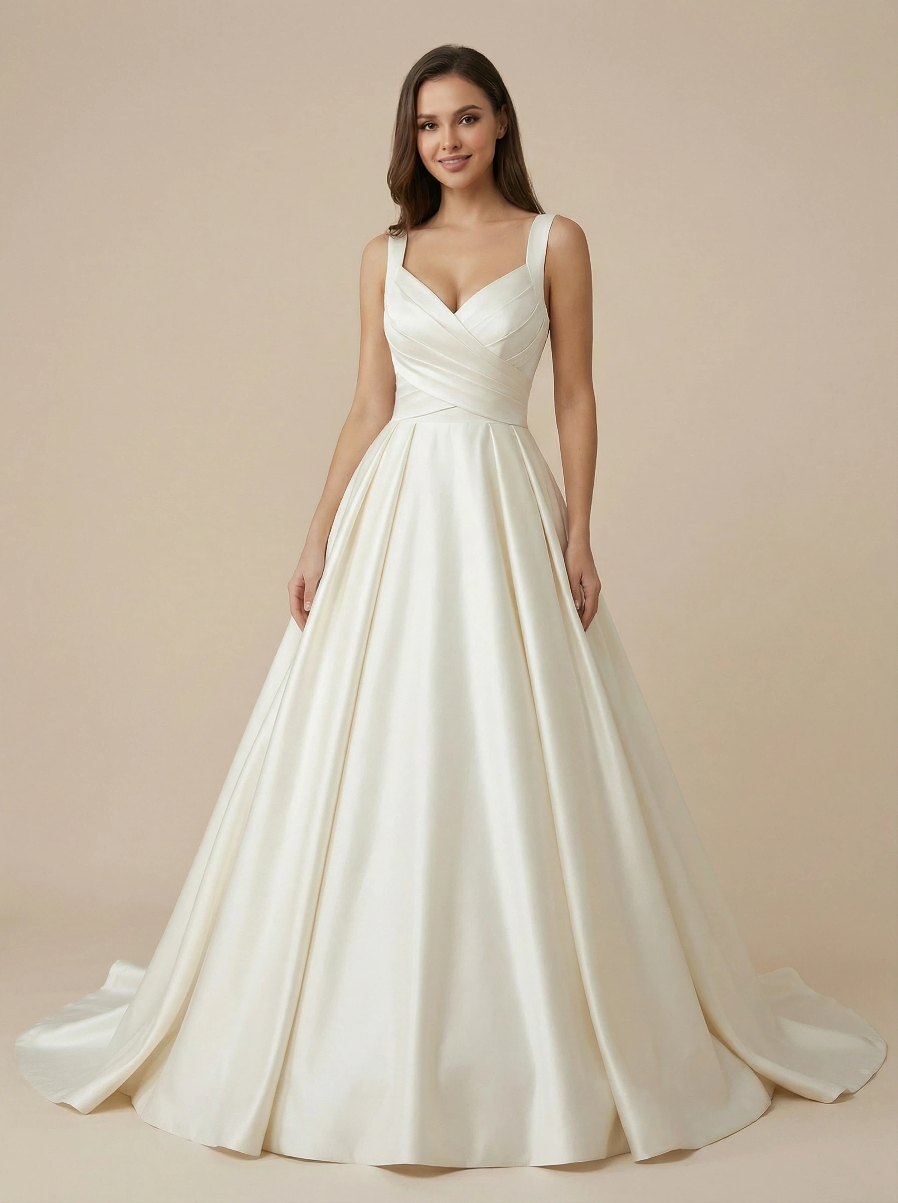 A-Line Spaghetti Straps V-Neck Maxi Long Satin Wedding Dresses With Detachable Skirt