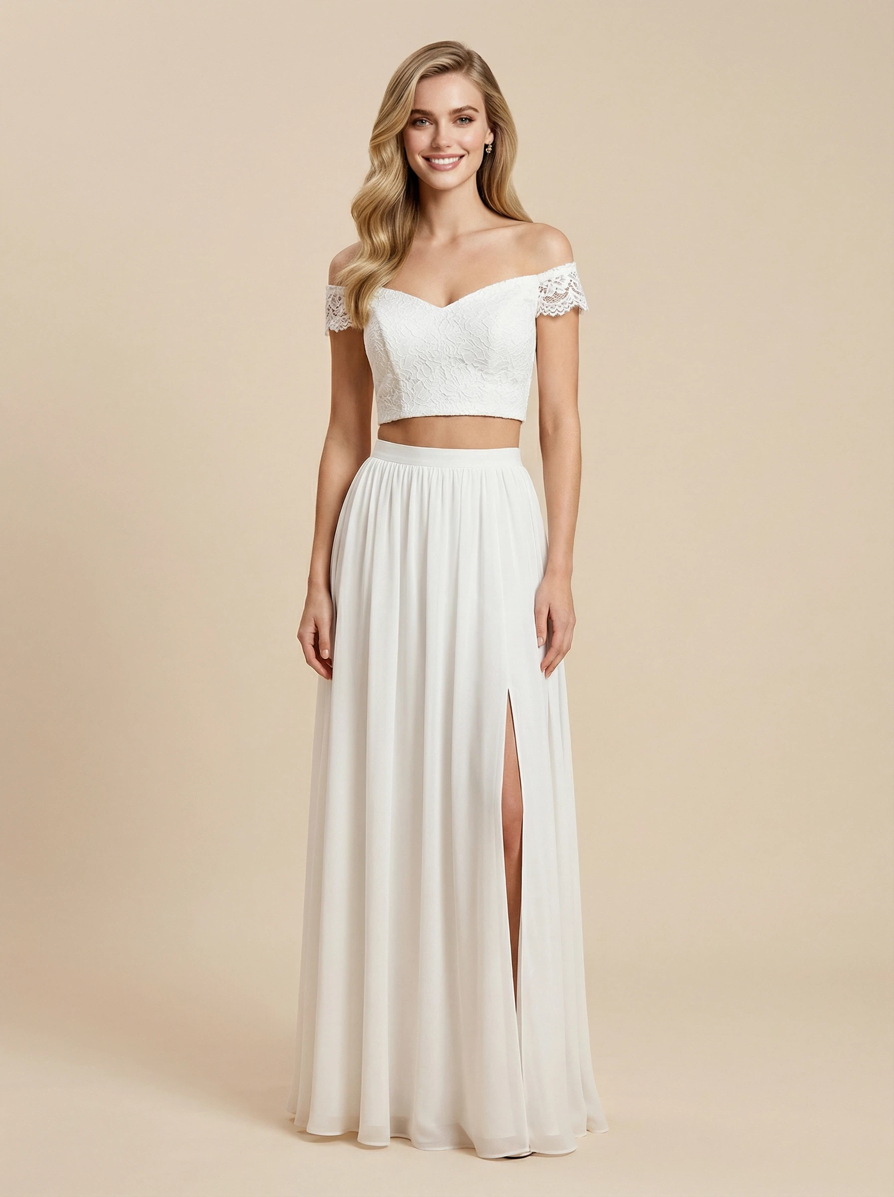 A-Line Off Shoulder Chiffon Maxi Long Two Piece Wedding Dress