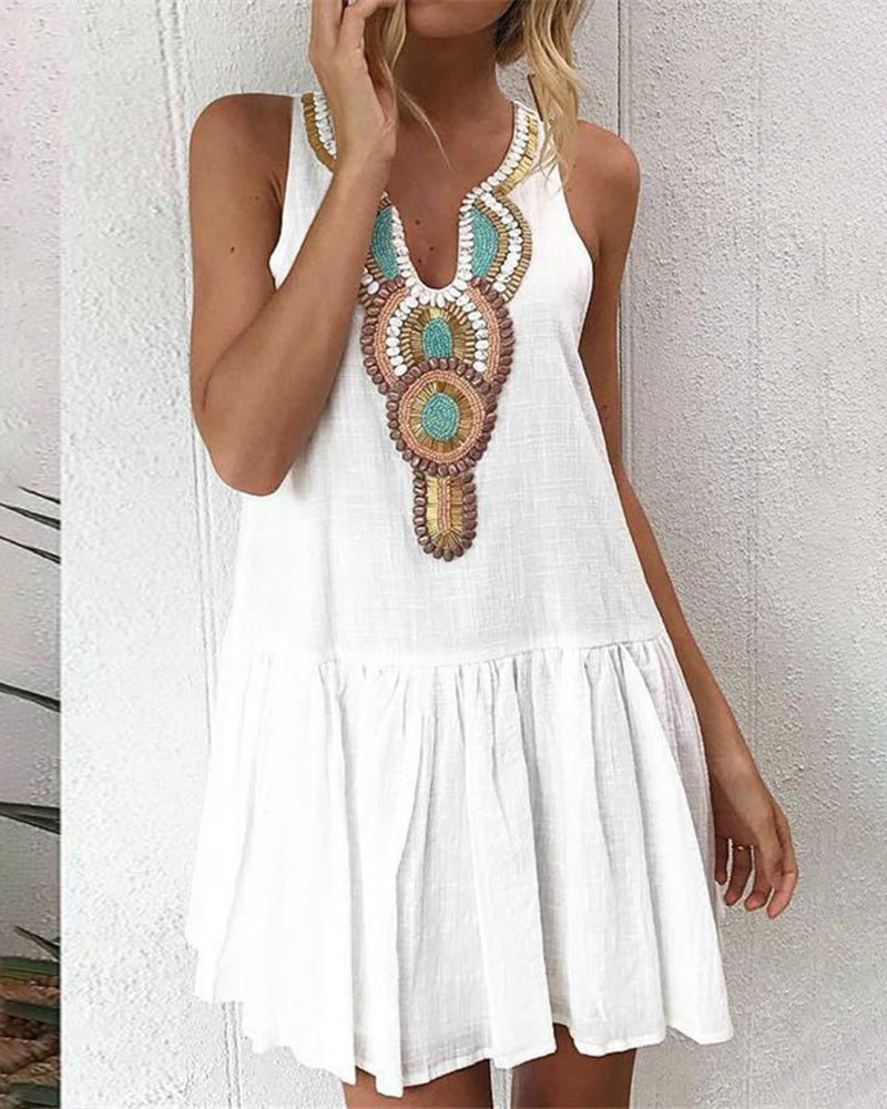 Printed Pleated Sleeveless A Line Mini Dress Beach Dresses - White S