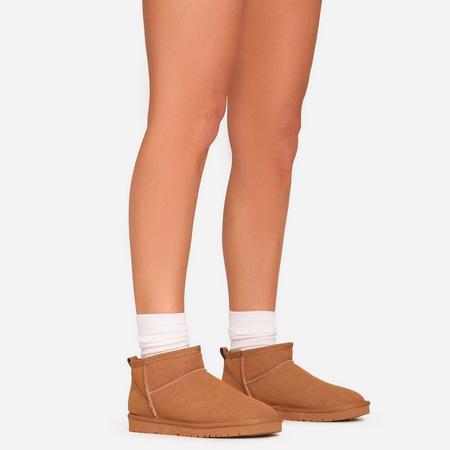 Ultra Mini Ankle Length Faux Fur Lining Boots In Chestnut Brown Faux Suede, Women's Size