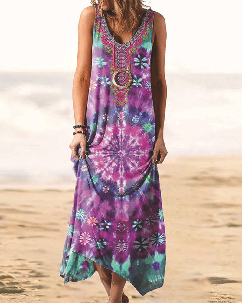Ethnic Style Print Dress Long Maxi Dresses Retro Tank Dress Loose Beach Dress - Purple
