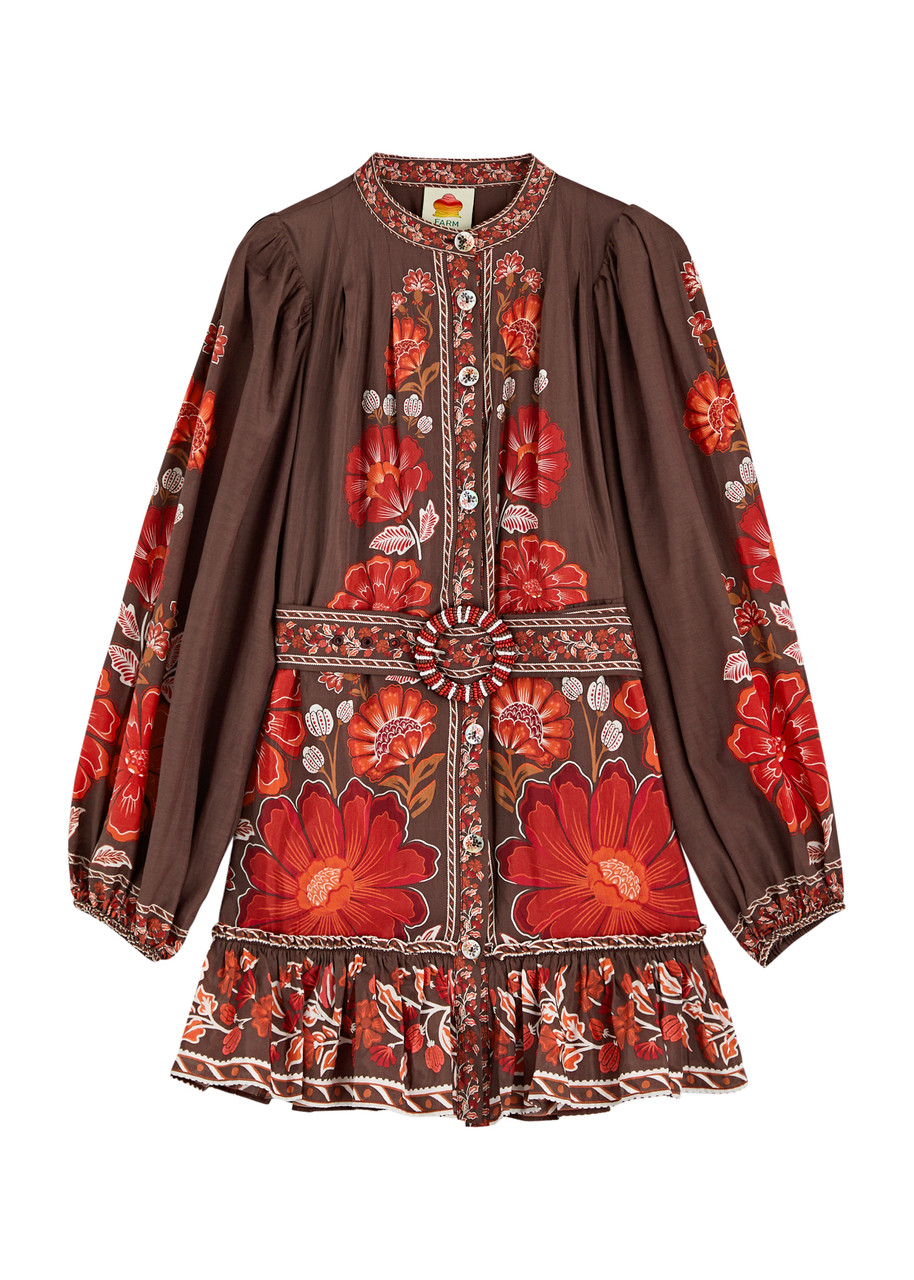 Farm Rio Gigi Floral-print Cotton-blend Mini Dress - Brown - S - S