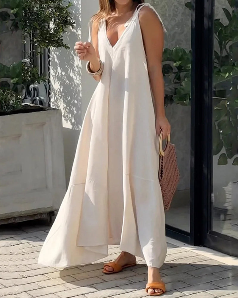 Sleeveless V Neck Lace Up Loose Holiday Beach Dress - White L-
