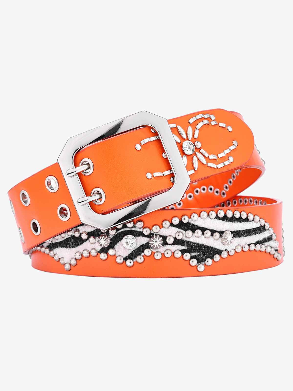 Retro Studded Zebra Pattern Wide Leather Belt - Orange CM