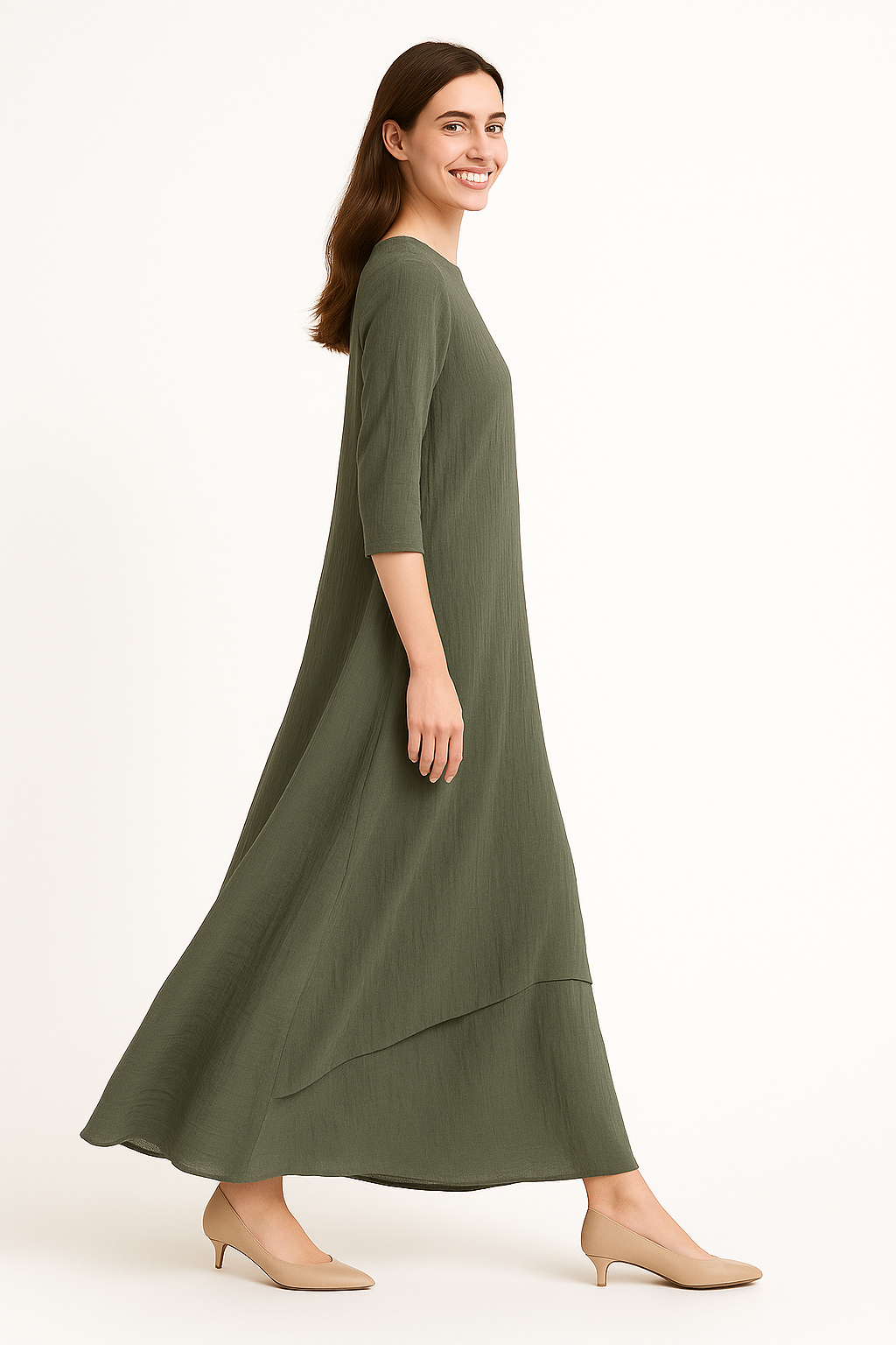 Modest Maxi Dress - Three Quarter Sleeve Soft Cotton Crinkle Fabric Double Layer Design - Olive Small
