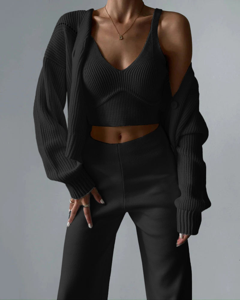 Zeagoo Women's Chic V-neck Knitted Three-piece Set Sleeveless Crop Vest and Sweater Cardigan & Solid Wide Leg Pants - Black M