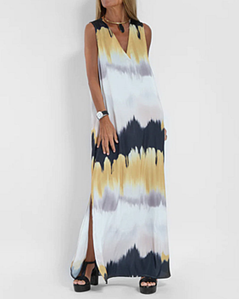 V Neck Tie Dyed Print Split Reversible Sleeveless Dress - Yellow S