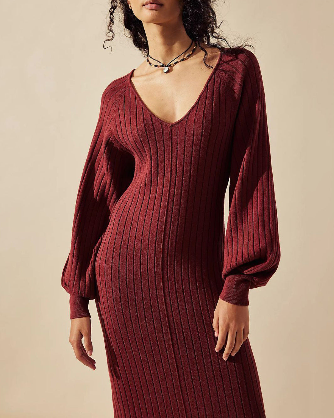 Zeagoo Women's Casual Solid Color Knitted Dress V-neck Sweater Dress - Wine Red S