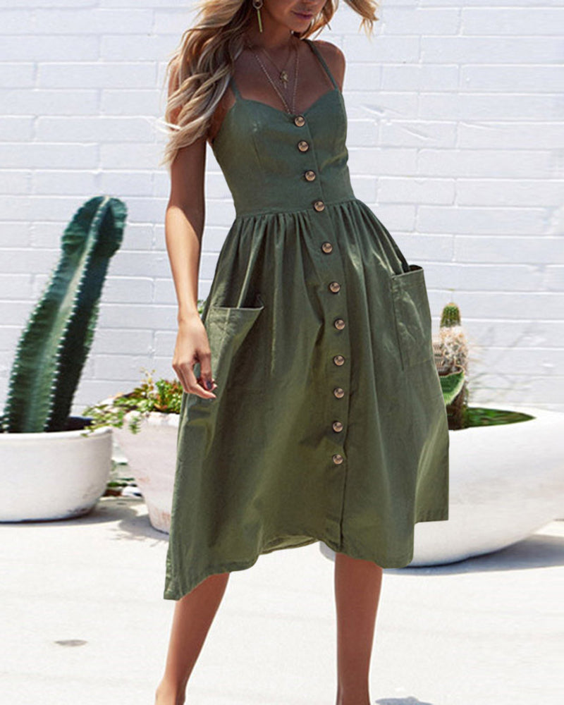 Solid Color Strap Open V-Neck Back Women's Dress with Pockets - Army Green