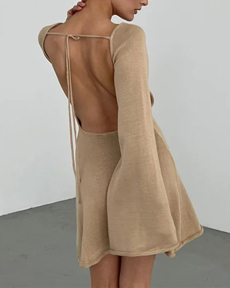 Zeagoo Elegant Backless Lace-up Bell Sleeve Mini Dress for Women Casual Going Out Summer - Khaki S