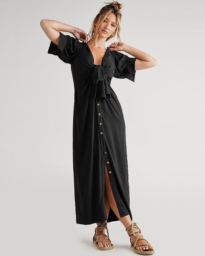 V Neck Short Sleeve Button Down Blouse Dress Tie Casual Long Maxi Dresses - Black S