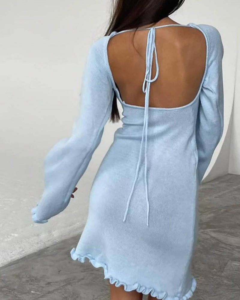 Zeagoo Elegant Backless Lace-up Bell Sleeve Ruffled Hem Mini Dress for Women Casual Going Out Summer - Blue M