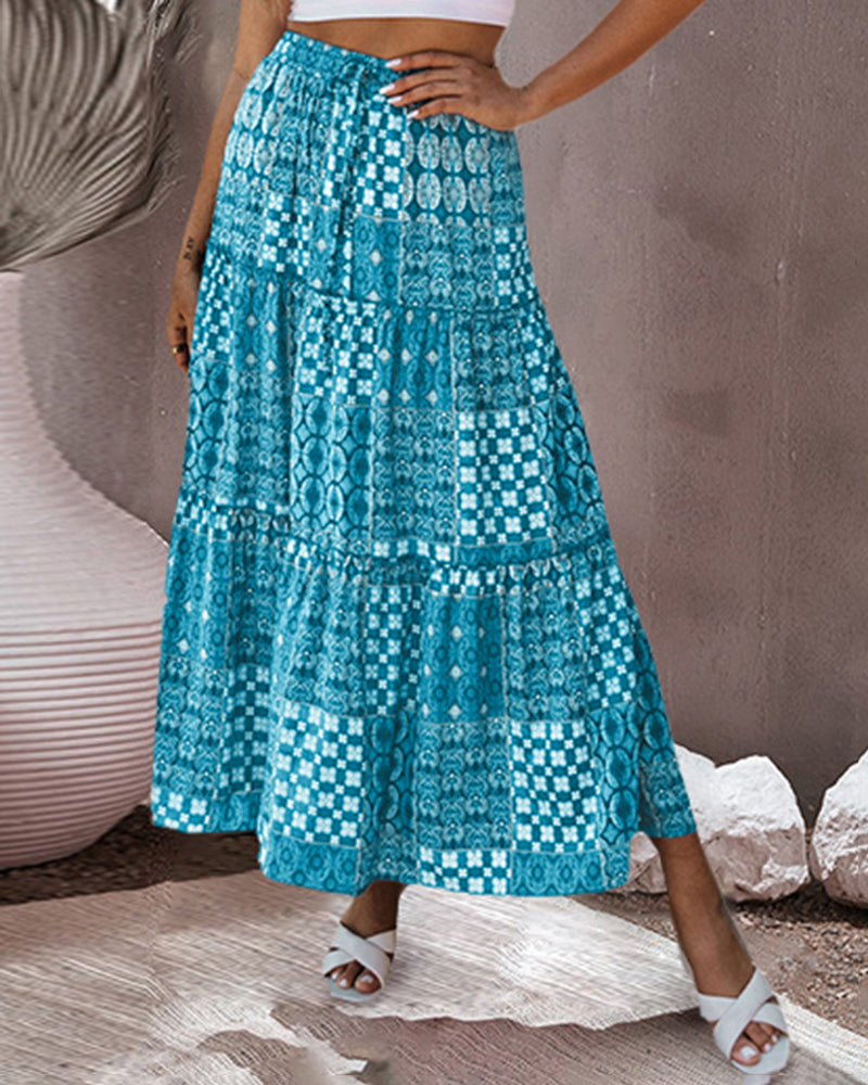 Tiered Paisley Print Long A-Line Skirt Boho Holiday Maxi Skirts - Green M