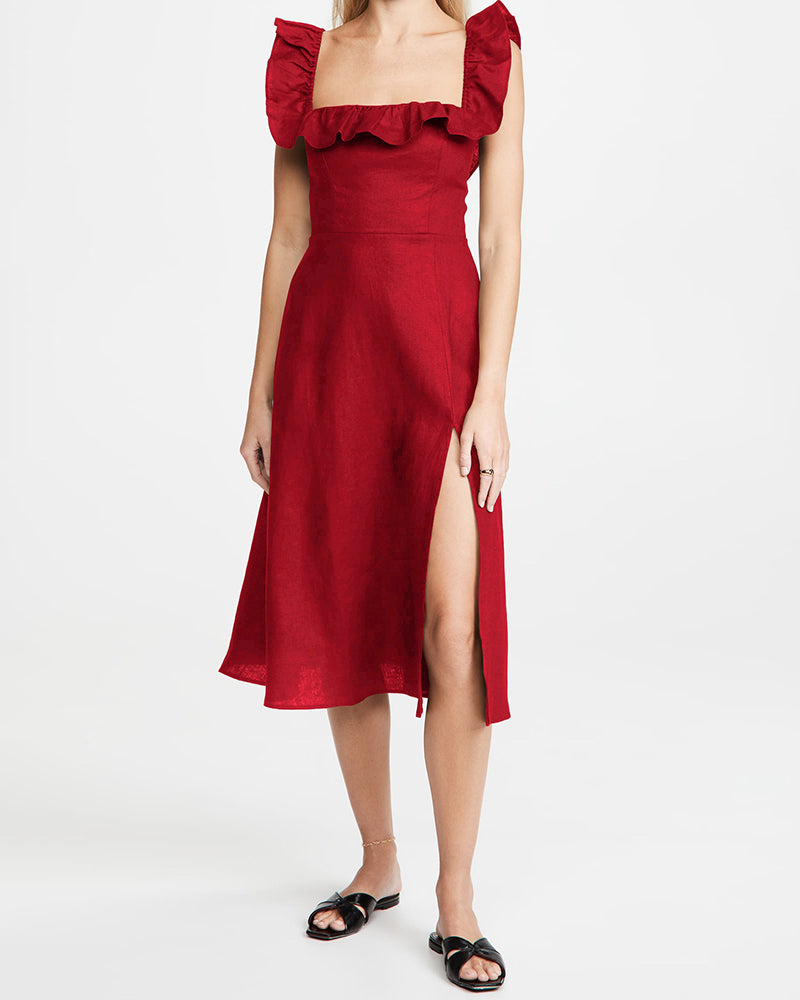 Ruffled Square Collar Long Formal Dress Sleeveless Slit Evening Dress - Red L-