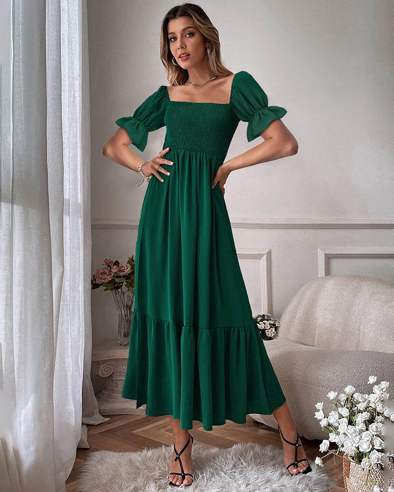 Ruffle Puff Sleeve Smocked Dress Square Neck Long Sleeve High Waist Flowy Maxi Dress - Green S