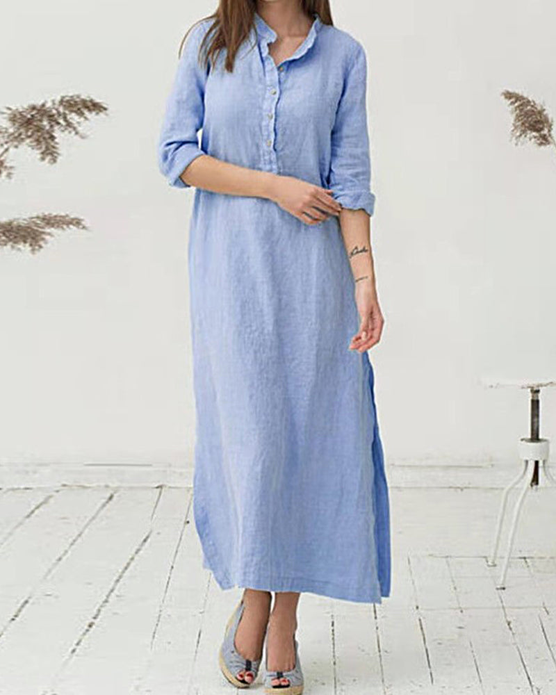 Zeagoo Women's Cotton and Linen Shirt Dress Casual Long Sleeve Loose Fit Split Maxi Dresses with Pocket - Sky Blue S