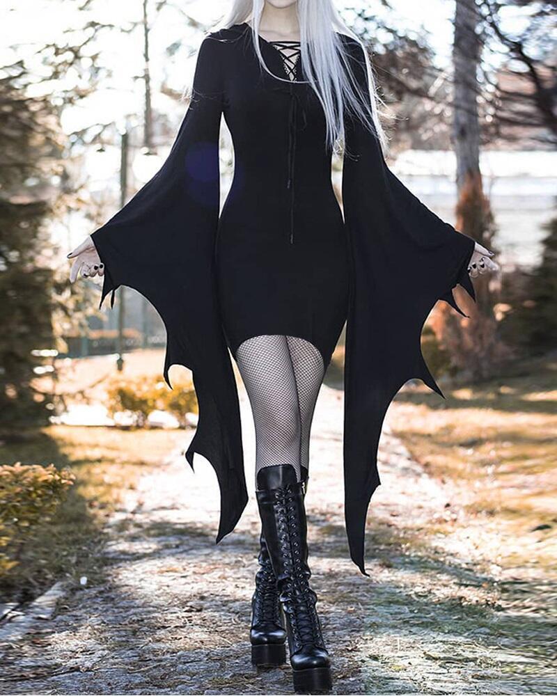 Lace-up Batwing Sleeve Bodycon Dress - Black M