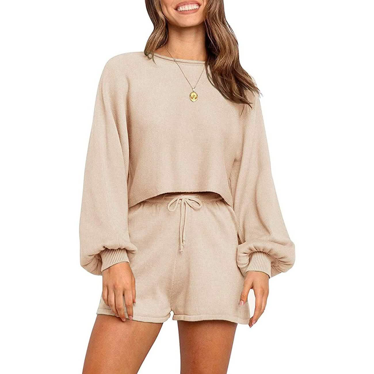-Piece: Knit Outfits Puff Sleeve Crop Top Shorts Set Sweater Sweatsuit
