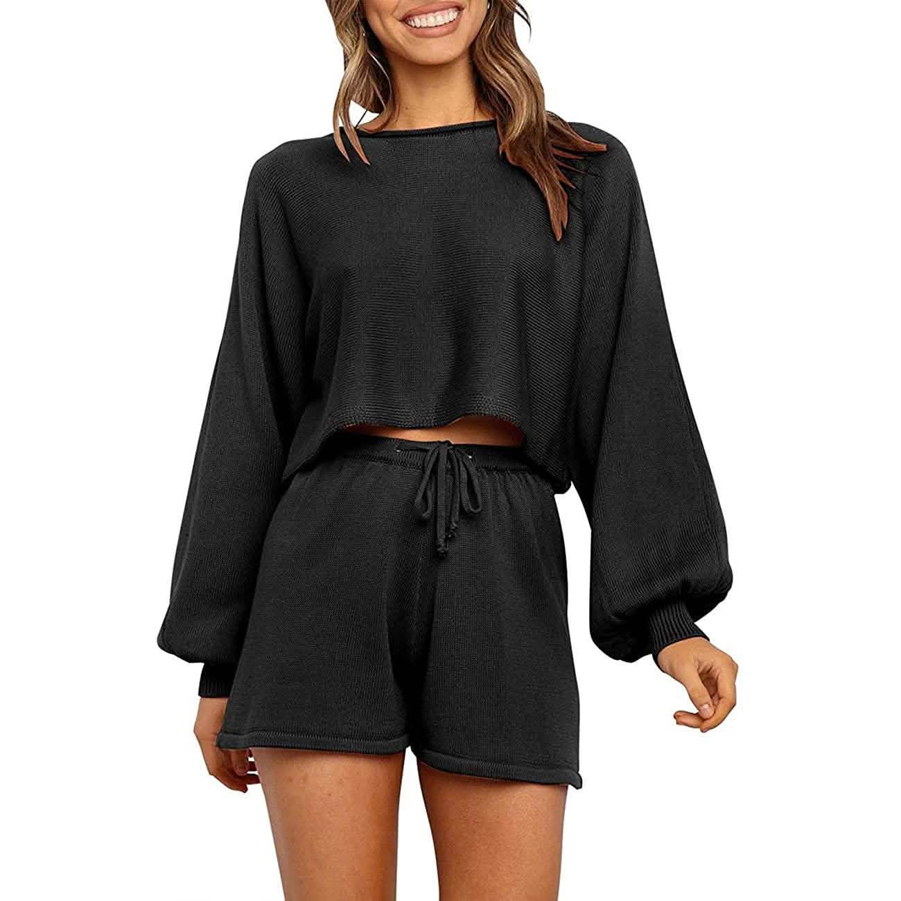 -Piece: Knit Outfits Puff Sleeve Crop Top Shorts Set Sweater Sweatsuit