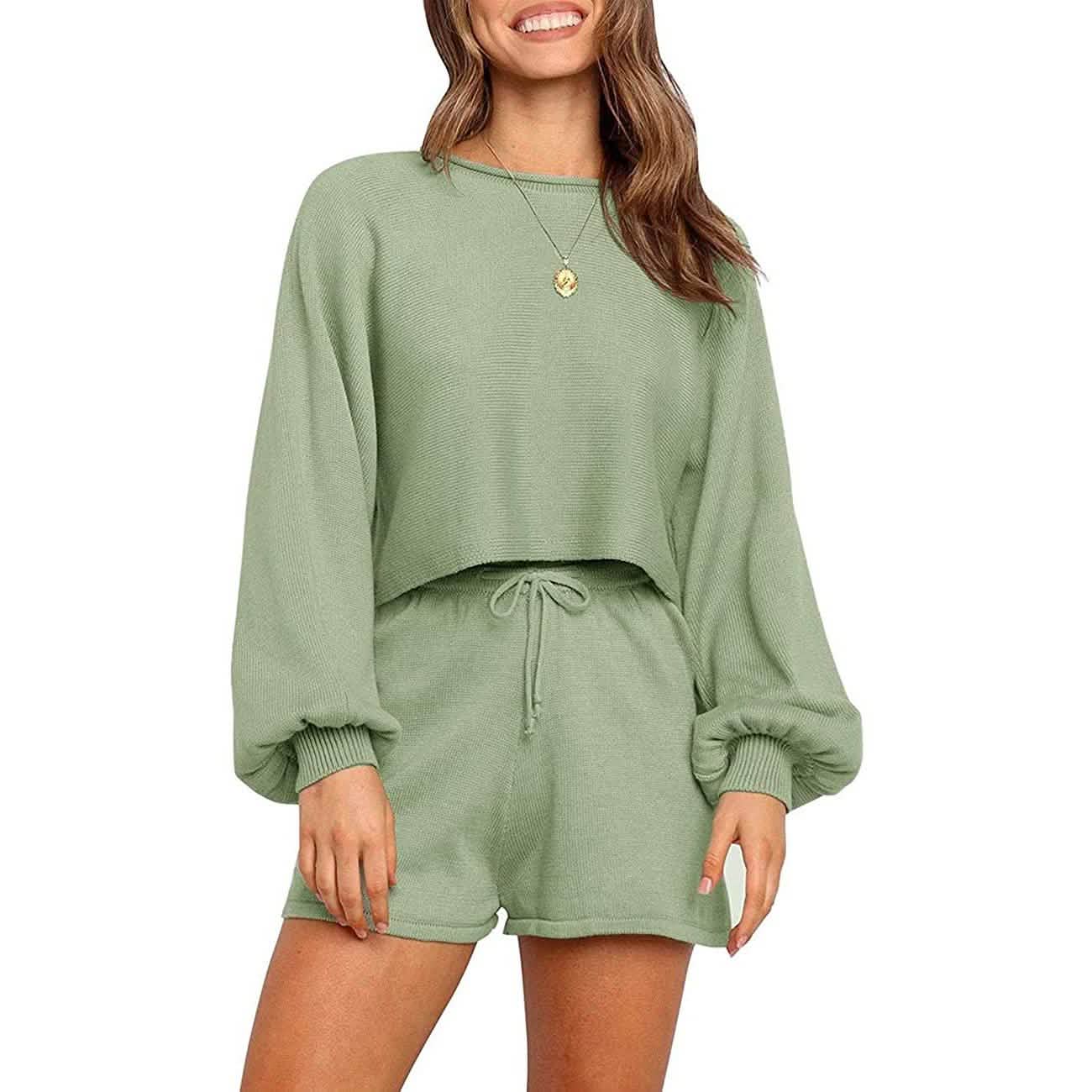 -Piece: Knit Outfits Puff Sleeve Crop Top Shorts Set Sweater Sweatsuit