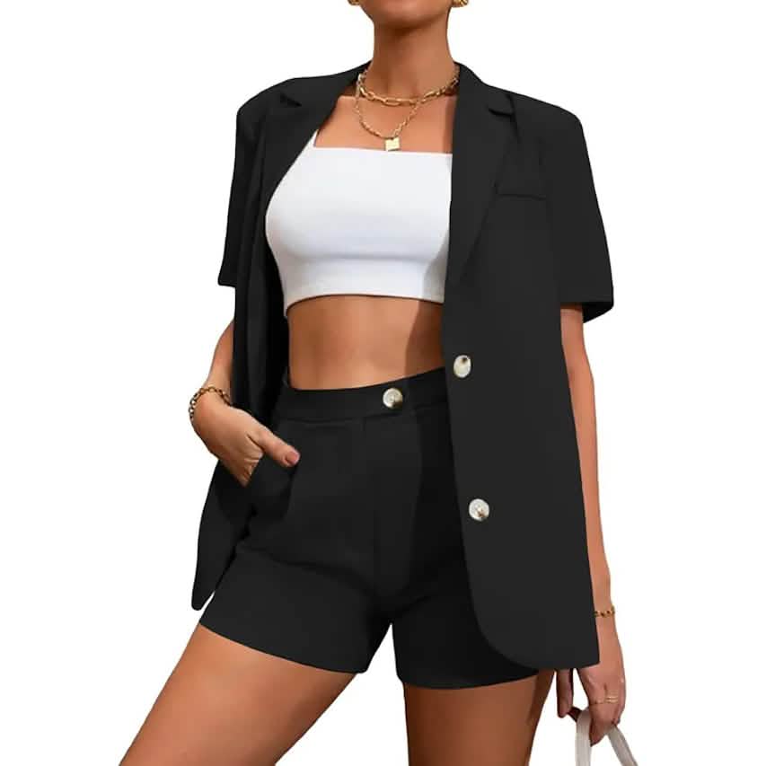-Piece Set: Women's Solid Color Blazer Shorts