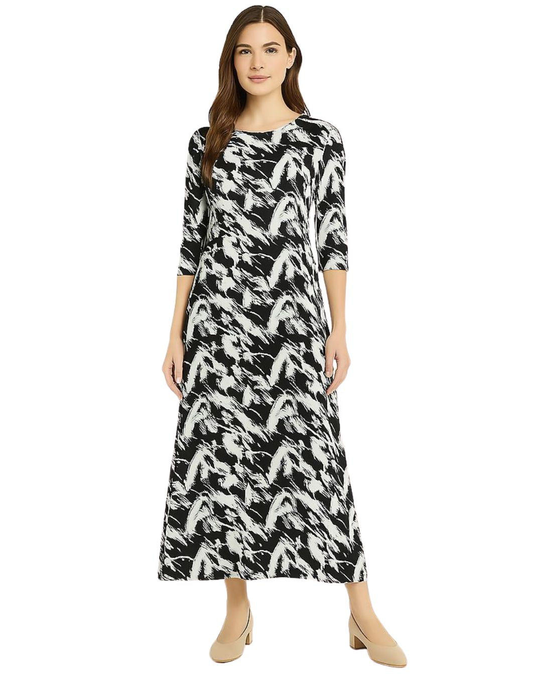 Fitted Bodice Maxi Summer Dress with Sleeves with Pockets - Black White Splash Print Medium