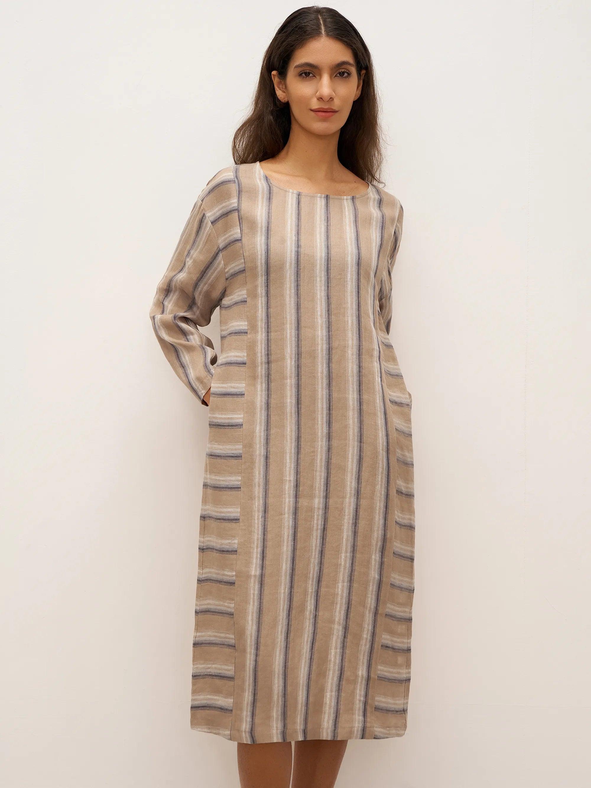 % Linen Striped Crossweave Midi Dress ELSPETH