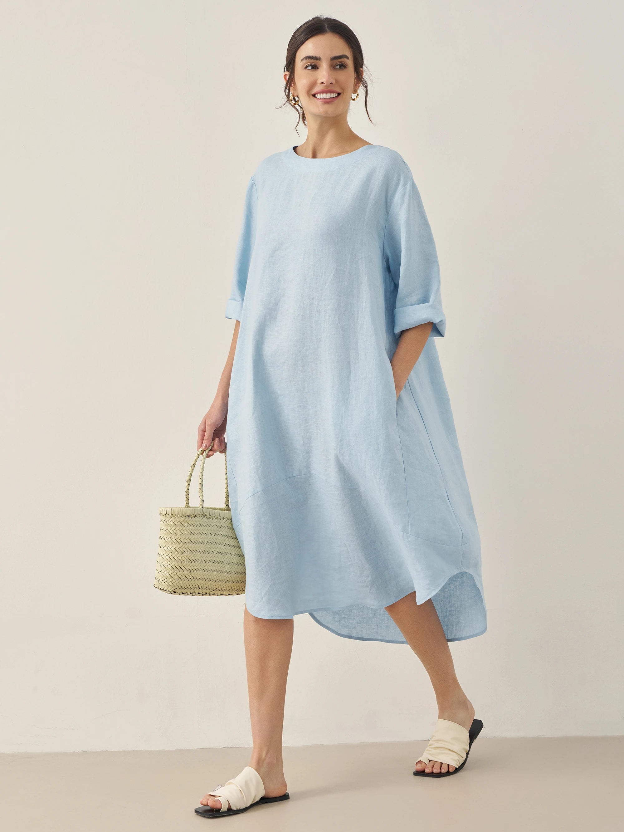 % Linen Bateau Neck Midi Dress BROOKE