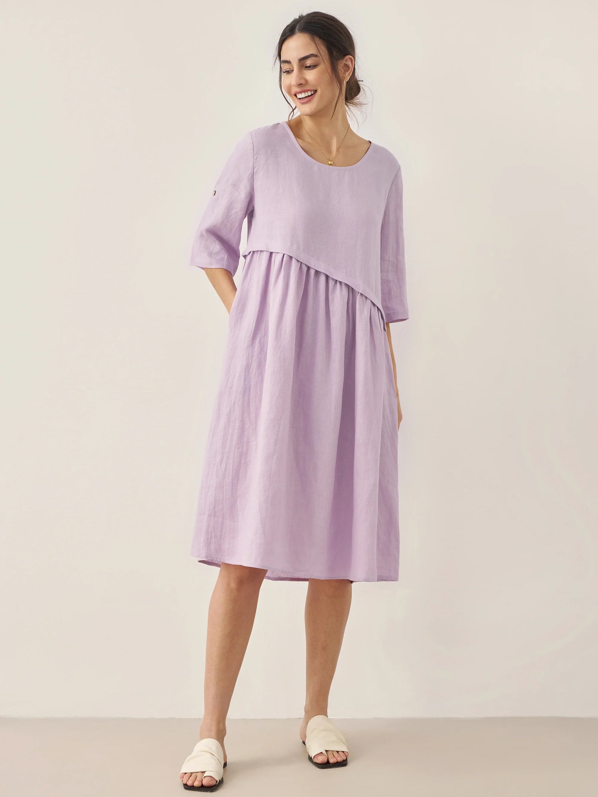 % Linen Asymmetrical Pleated Round Neck Midi Dress YOLANDA