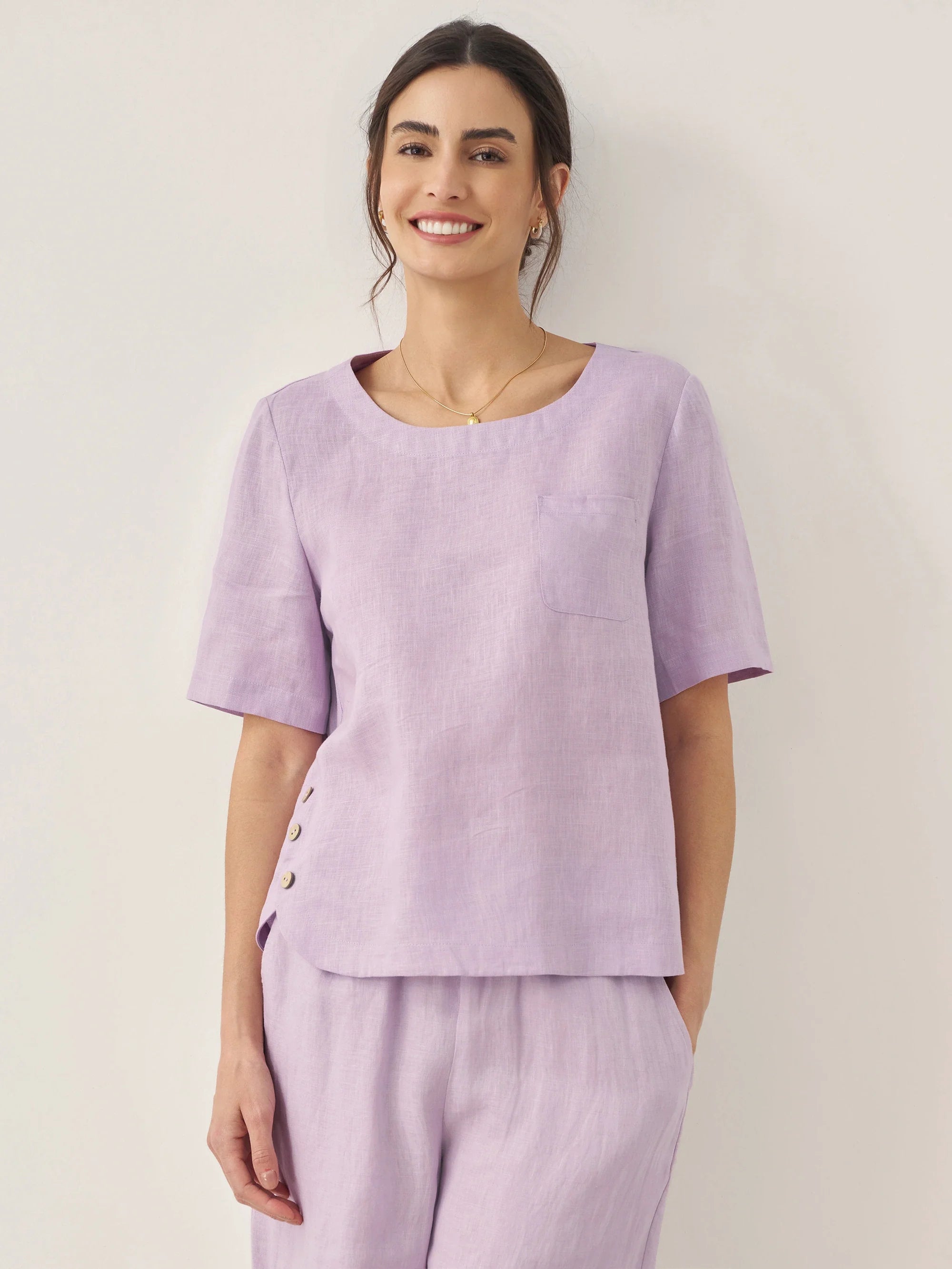 % Linen Short-Sleeve Round Neck Button Detail Top & Pants Set SASHA - Lavender Blouse