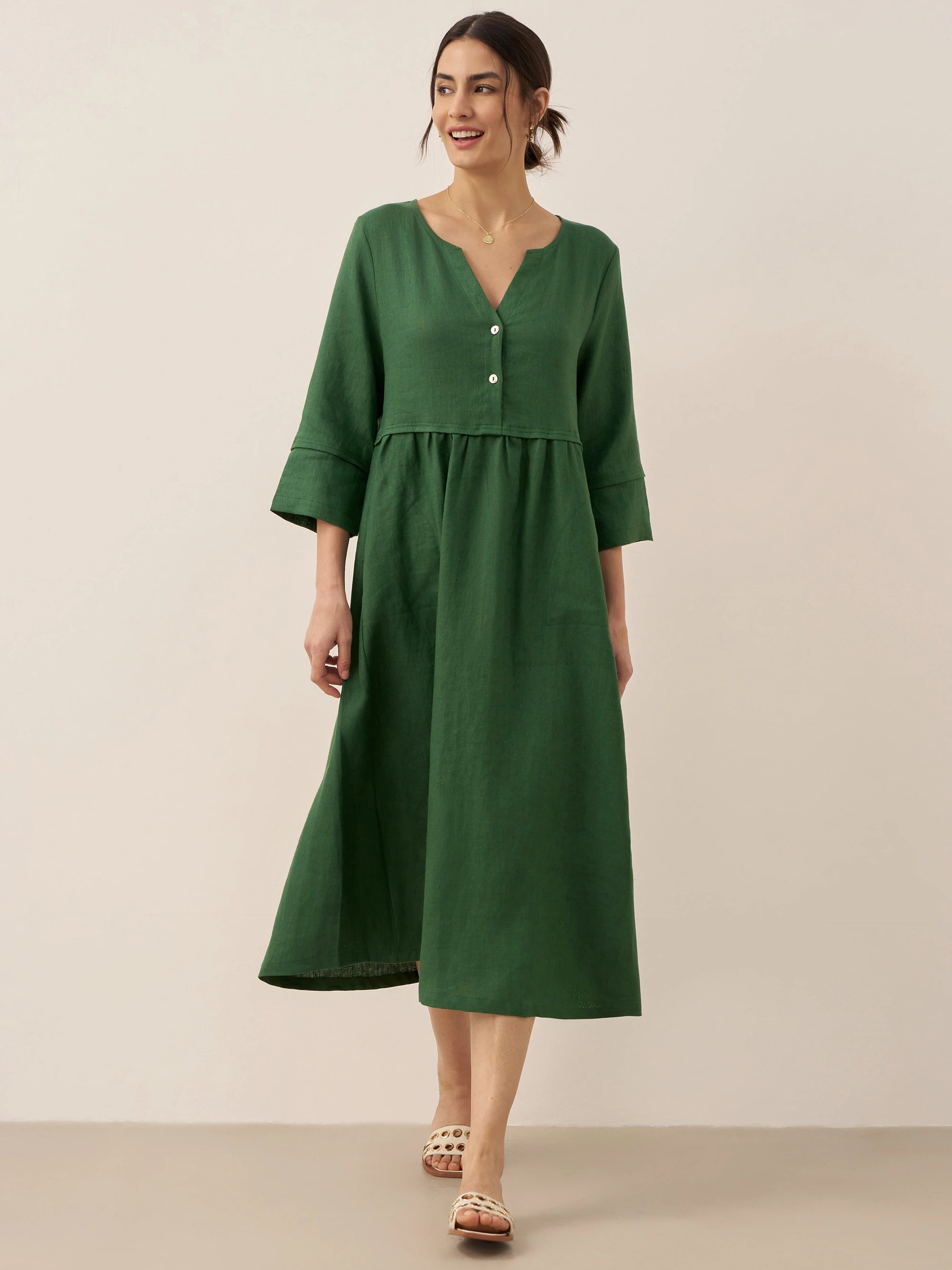 % Linen Loose Fit Button Waist Gathered Maxi Dress LUNA