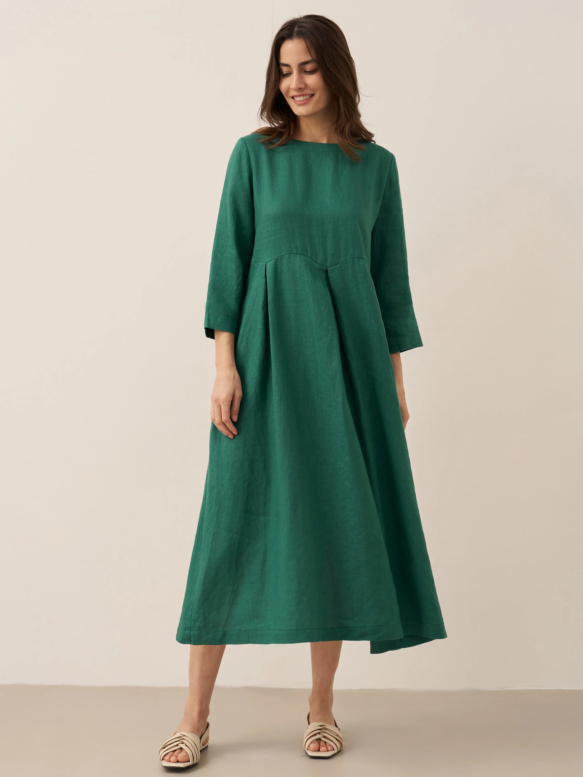 % Linen Bateau Neck Pleated Maxi Dress ABIGAIL