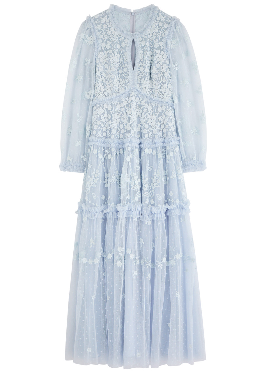Needle & Thread Autumn Lace Embroidered Tulle Maxi Dress - Blue -