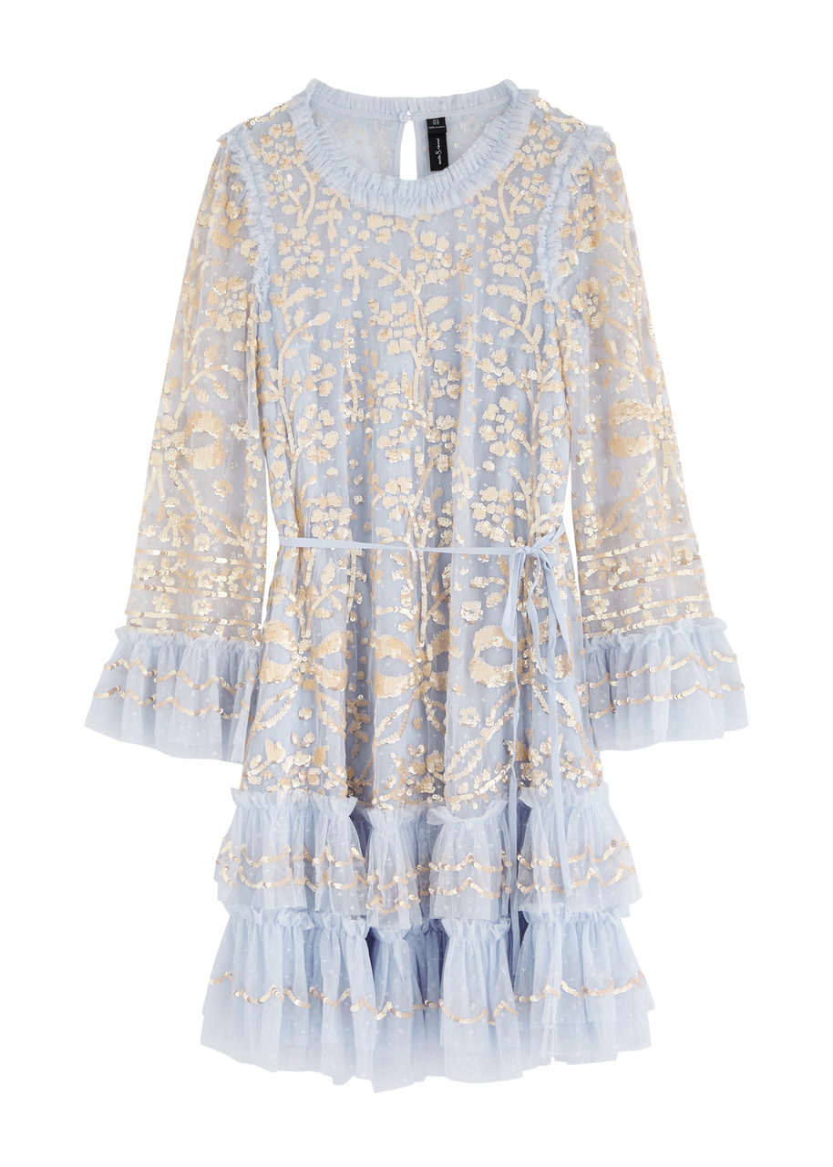 Needle & Thread Celia Sequin-embellished Ruffled Tulle Mini Dress - Blue - M