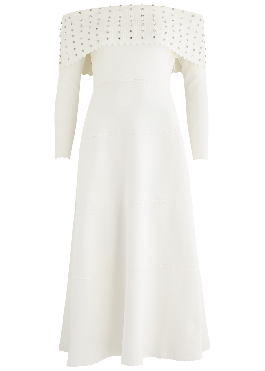 Needle & Thread Crystal-embellished Off-the-shoulder Knitted Midi Dress - Cream -