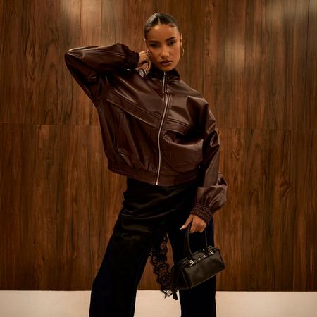 Funnel Neck Oversized Biker Jacket In Burgundy Faux Leather, Women's Size