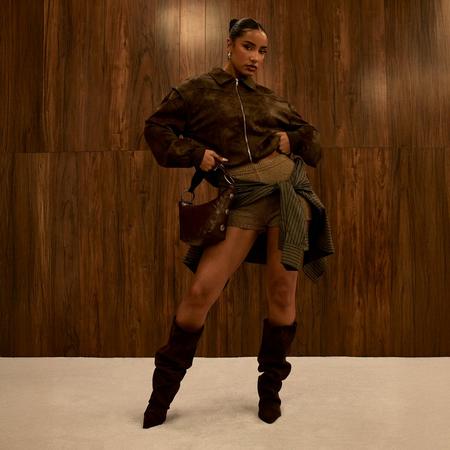 Collared Bomber Jacket In Brown Washed Faux Leather, Women's Size
