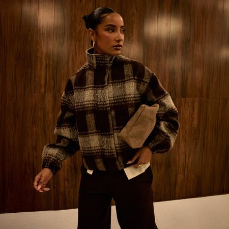 Funnel Neck Bomber Jacket In Brown Brushed Check Print, Women's Size
