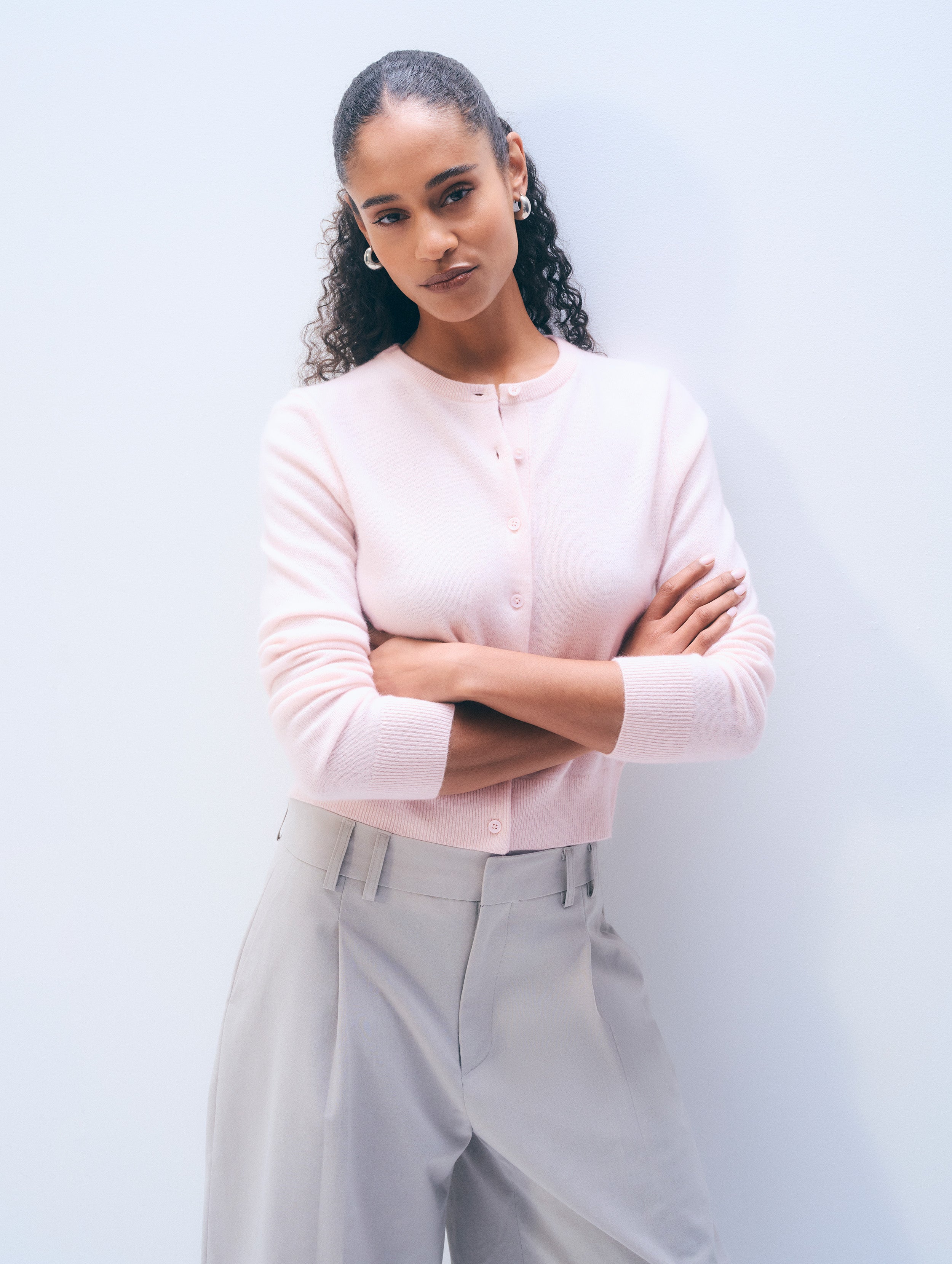 White & Warren Cashmere Crewneck Cardigan Sweater in Pink Sand