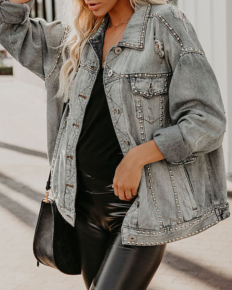 Loose Rivet Beading Ripped Cropped Denim Jacket - Grey L-