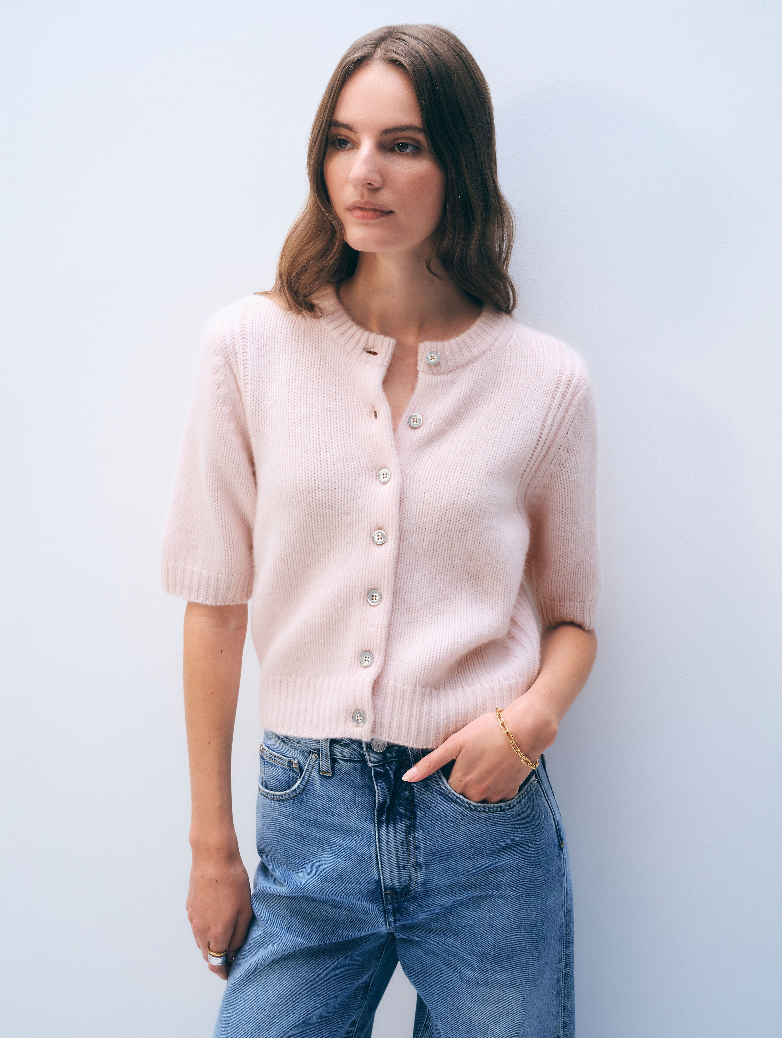 White & Warren Cashmere Short Sleeve Cardigan Sweater in Pink Sand