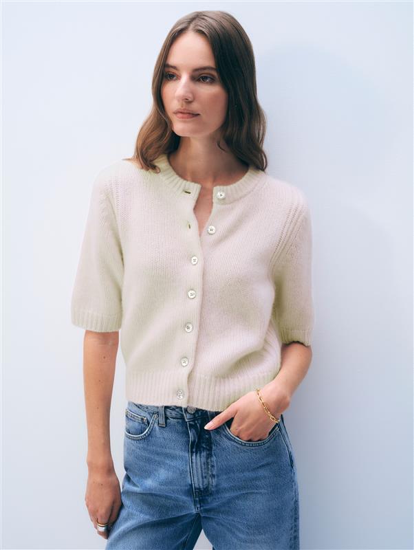 White & Warren Cashmere Short Sleeve Cardigan Sweater in Feather