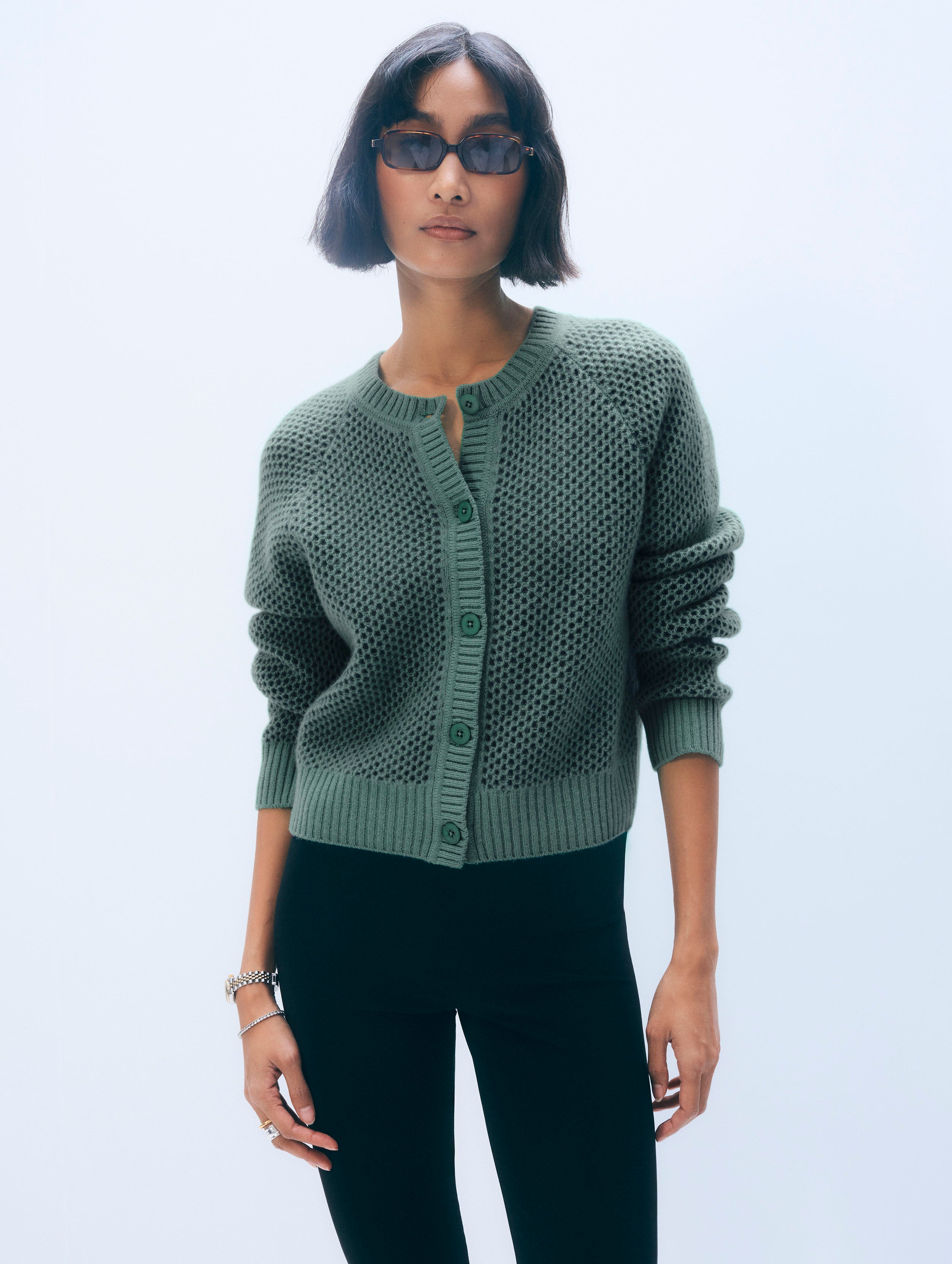 White & Warren Cashmere Mesh Cardigan Sweater in Ivy Green